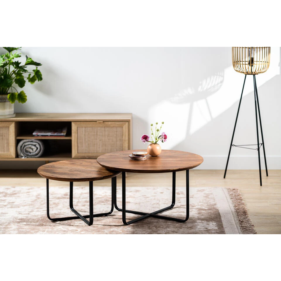 Salontafel Set Van 2 Stewie Bruin Acaciahout - 75x75x41 Cm - Hout - Bruin 4 Salontafel Set Van 2 Stewie Bruin Acaciahout - 75x75x41 Cm - Hout - Bruin - Afbeelding 4